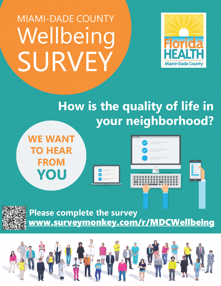 Miami-Dade County Wellbeing Survey. How is the quality of life in your neighborhood? We want to hear from you. Please complete the survey. Image links to survey.